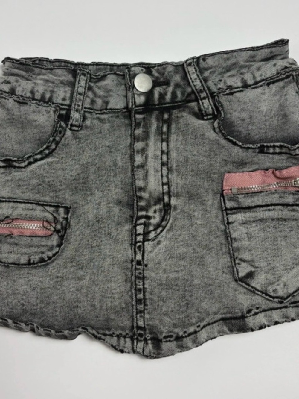 Girls' Washed Gray Denim Skirt with Pink Zip Accents